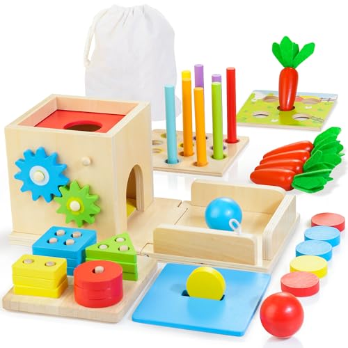 Image of Kizfarm Wooden Montessori Baby Toys, 8-in-1 Wooden Play Kit Includes Object Permanent Box, Coin Box, Carrot Harvest, Shape Sorting & Stacking - Birthday Gift for Boys Girls Toddlers