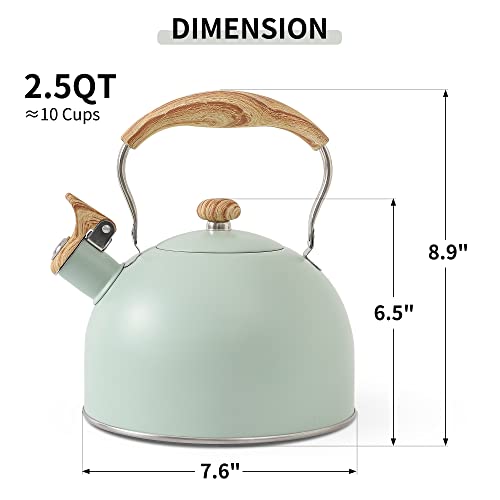 Lonffery Tea Kettle, 2.5 Quart Whistling Tea Kettle, Tea Pots For Stove Top Food Grade Stainless Steel With Wood Pattern Folding Handle - Turquoise #TOP6