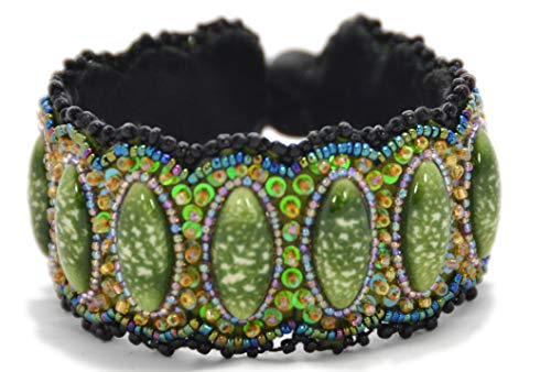 Bracelet plat vert pomme en cuir, porcelaine fine et verre d'art