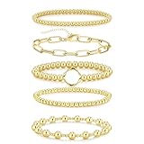 5Pcs Gold Plated Bracelets for Women, Stackable Beaded Stretch Bracelets, PaperClip Link Chain & Charm Holder, Dainty Layered Jewelry for Everyday Wear, Office, Dating, Party, Valentine’s Day Gift for Her