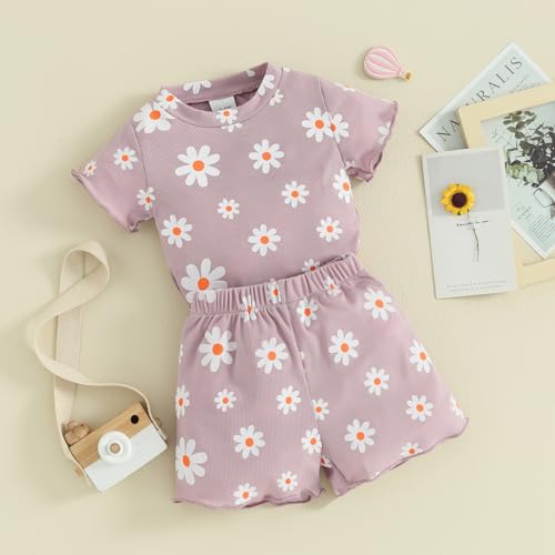 Image of Ayalinggo Baby Girl Summer Outfits Short Sleeve Lettuce Trim Floral Tops + Shorts Set Infant Clothes