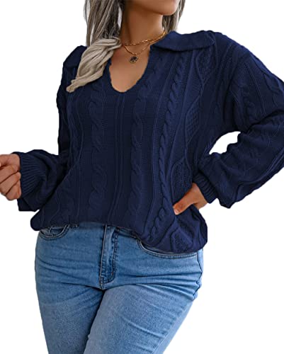 Image of Plus Size Sweaters for Women Polo V Neck Chunky Cable Knit Pullovers 1X-5X