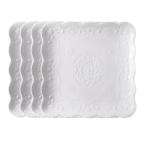 Jusalpha Set of 4-Square Embossed Lace Ceramic Plate-Dinner Plate Set, Pasta/Salad/Dessert Plate Dishwasher MicrowaveTableware Set for Restaurant Family Party Kitchen Use (White, 6 Inches)