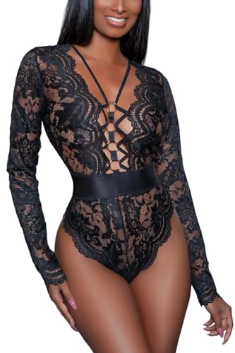 Ladies & Men's story Women Sexy Floral Lace Long Sleeves Bodysuit Backless Teddy Lingerie