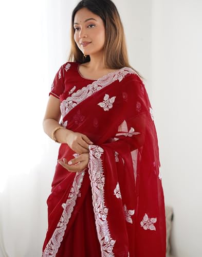 Image of SIRIL Women's Shimmer Chiffon Sequence Embroidery Saree With Unstitched Blouse Piece for Wedding and Parties