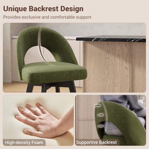 Image of YaFiti 24 inch Counter Height Swivel Bar Stools Set of 2, Green | Swivel Bar Stools with Ergonomic Curved Back, Fabric Upholstered Seat and Solid Wood Legs for Kitchen Island