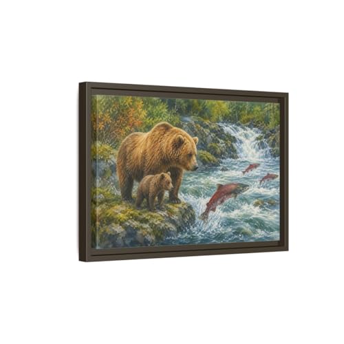 Tableau ours brun et saumon avec cadre espresso 45x30cm pour décoration de salon