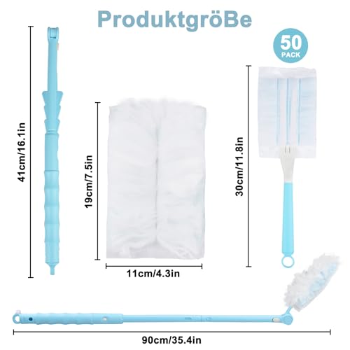 52 Stück Staubmagnet Kompatibel mit Swiffer Staubmagnet Nachfüllpack,Einweg Magnet Staubwedel Kompatibel mit Swiffer Duster, zur Reinigen von Tierhaare Staub Schmutz (50 Tücher+2 Griffe, Blau)