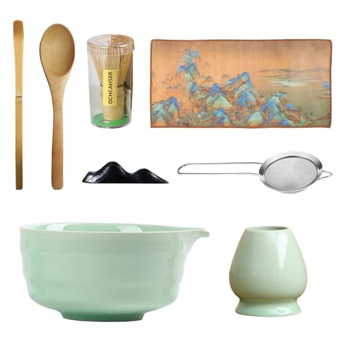 BONJUME Juego De Té Matcha, 8PCS Juego De Agitador De Té Matcha De Cerámica Con Cuenco De Polvo Matcha Escoba Matcha Y Cuchara De Bambú Accesorios Japoneses Para La Ceremonia Matcha