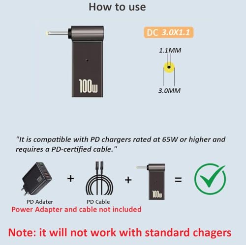 Image of Tobo PD 100W Laptop Power Charger Supply Adapter Connector USB Type-C Female to DC Male Jack Plug Converter Replacement for Acer (3.0x1.1mm) TD-1269CC