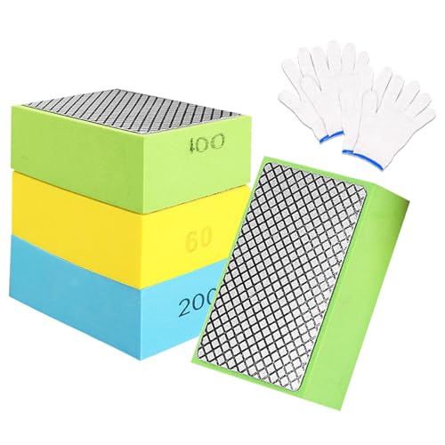 4Pcs Diamond Polishing Pads, Tile Polishing Pad, Diamond Hand Buffing Pad Sanding Block with Foam Sponge Backing 60,100,200,400 mesh(3 Color,Size:2.4 * 3.7inch)