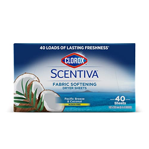 Clorox Scentiva Fabric Softening Dryer Sheets 40ct | Fabric Sheets in Pacific Breeze & Coconut Scent | 40 Count Dryer Sheets in Scentiva Reduce Wrinkles & Static Cling