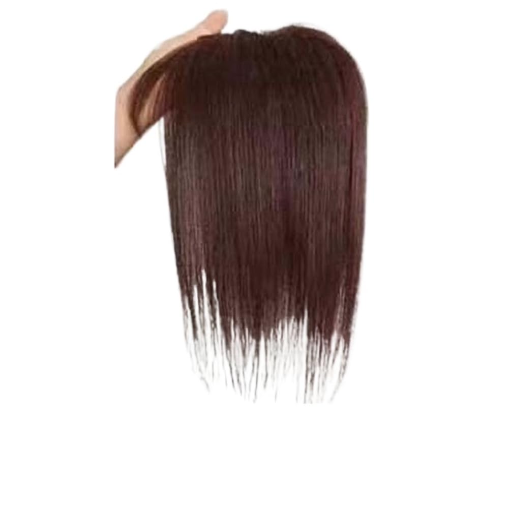 3x4.3inch Swiss lace Base Straight Human Hair Fluffy Hairpiece with Bangs for Women Thin Hair (30cm） (Chestnut brown,Side-swept bangs)