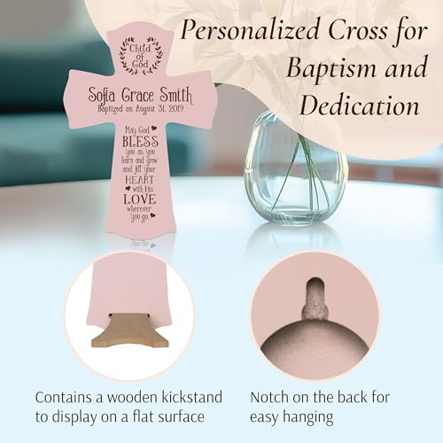 Image of LifeSong Milestones Pink Wooden Wall Cross: Family Celebrations Baptism, Christening, and First Communion - Religious Keepsake for Baby Girls - Baptism Gifts, Favors, and Decorations Pink 8.5x1