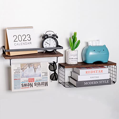 Yoursorter Floating Shelves For Wall, Bathroom Shelves Over Toilet With Paper Storage Basket, Rustic Wall Shelves With Guardrail And Towel Bar For Bathroom, Kitchen, Bedroom, Living Room, Brown #TOP6