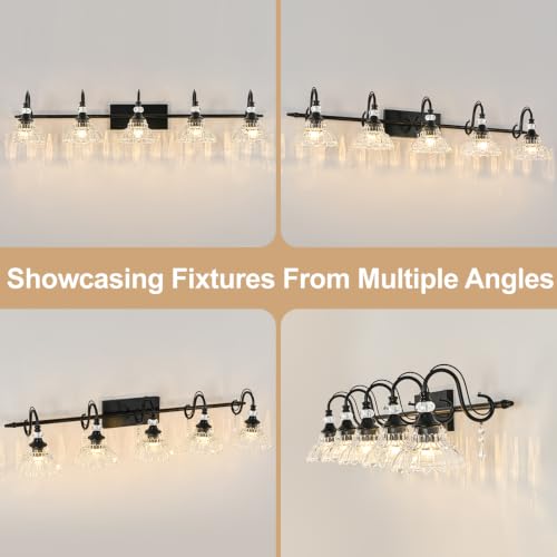 Image of Black Bathroom Vanity Light, 5-Light Matte Black Finish Farmhouse Wall Sconce with Hanging Crystal Accent and Flower-Shaped Clear Glass Shade, Wall Mount Vanity Light Over Mirror for Bathroom