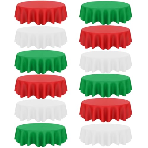 Image of 12 Pack Christmas Plastic Tablecloth, Xmas New Year Disposable Round Circle Waterproof Table Covers for Xmas Party Decorations