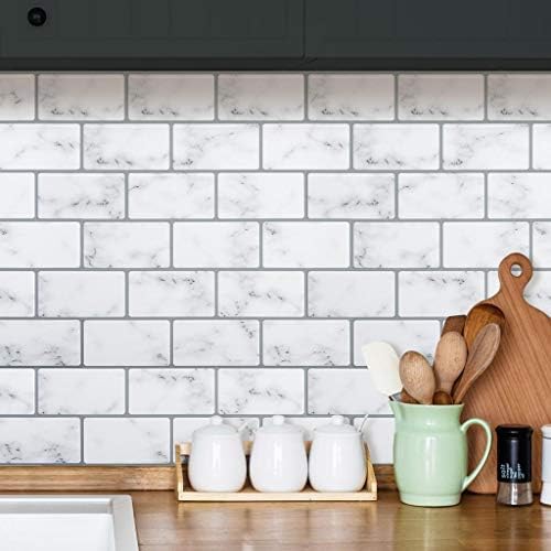CozyWallz Kitchen Backsplash Peel and Stick, Bathroom, Laundry Room Tiles, Heat and Staining Resistant, 3D Wall Panels Peel and Stick backsplash, 12" x 12" (White Marble Tiles), backsplash Panels
