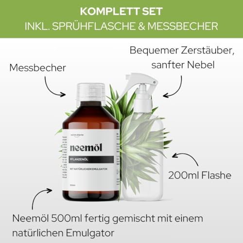 Organisches Neemöl mit natürlichem Emulgator, 500ml - Gebrauchsfertig, Kaltgepresst, 100% Natürlich, Umweltfreundlich, inkl. Sprühflasche u. Messbecher, Pflanzenpflege für Zimmer- und Gartenpflanzen