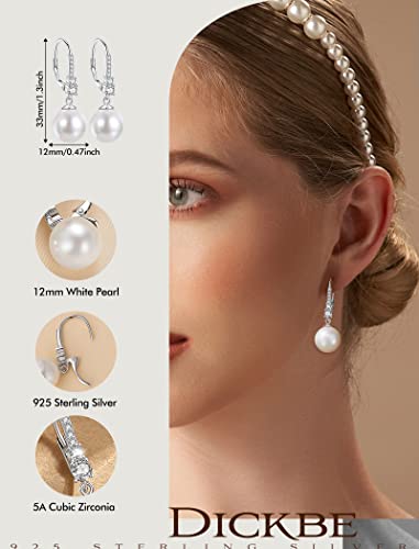 Dickbe Pearl Earrings For Women 925 Sterling Silver Pearl Dangle Leverback Earrings With 5A Cubic Zirconia Pearl Drop Earrings Jewelry For Women Girl Gifts 12Mm Large Size #TOP5