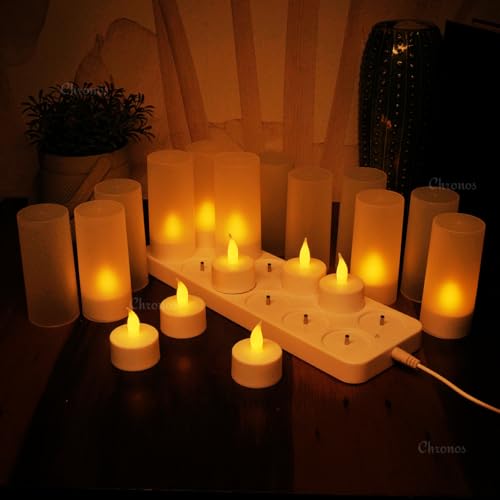 Image of Chronos LED Rechargeable Flameless Tealight, Flickering Tealight Candles White Base with Charging Station (Pack of 12)