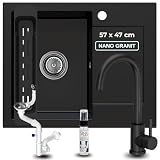 SINK QUALITY Lavello in granito nero con rubinetto 58 x 47 – Lavello con sifone e impregnante – Lavello da cucina nero con scolapiatti per mobile da 50 pezzi