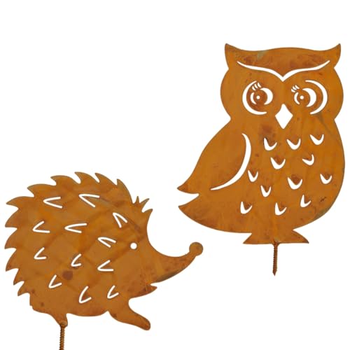 Metallfiguren Igel und Eule auf Schraube Rostige Gartenfiguren zum...
