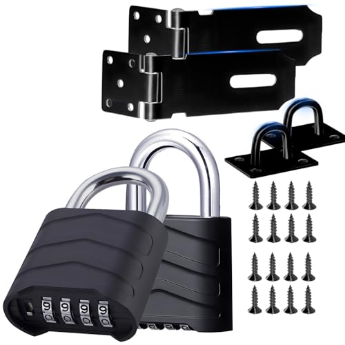 2 Set of Door Latch Hasp & Combination Padlock,4 Digit Combination Rust-Proof Padlock with 180-Degree Stainless Steel Garden Gate Hasp Lock,for Shed Door Wooden Gate Storage Box(Black 4 inch)