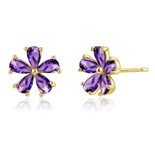 Elaximn Hypoallergenic Purple Flower Stud Earrings for Women | Dainty 14K Gold Plated Amethyst Jewelry with 925 Sterling Silver Post | Gifts for Sensitive Ears, Daily & Occasions