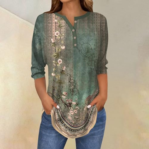 Womens Shirts Button Henley V-Neck Tunic Tops Casual 3/4 Sleeve Summer Tops Trendy Floral Print 3/4 Sleeve Blouses2