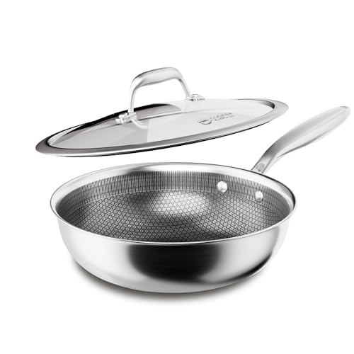 COOKER KING 10-Inch Hybrid Stainless Steel Wok with Lid, Nonstick Stir Fry Pan & Deep Frying Pan, Tri-Ply Clad Honeycomb Everyday Pan, Induction Ready, Oven & Dishwasher Safe, PFOA Free