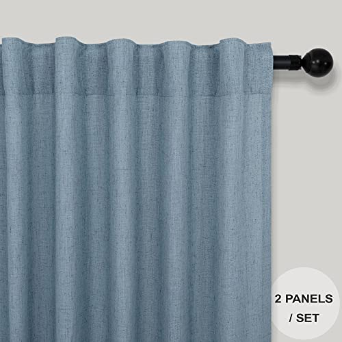 Blue Grey Curtains 96 Inches Long For Living Room Pair 2 Panel Set Back Tab Pocket Floor Length Drape Flax Linen Semi Sheer Vintage Light Blue Curtains For Dining Room Bay Window Country Farmhouse 8Ft #TOP1