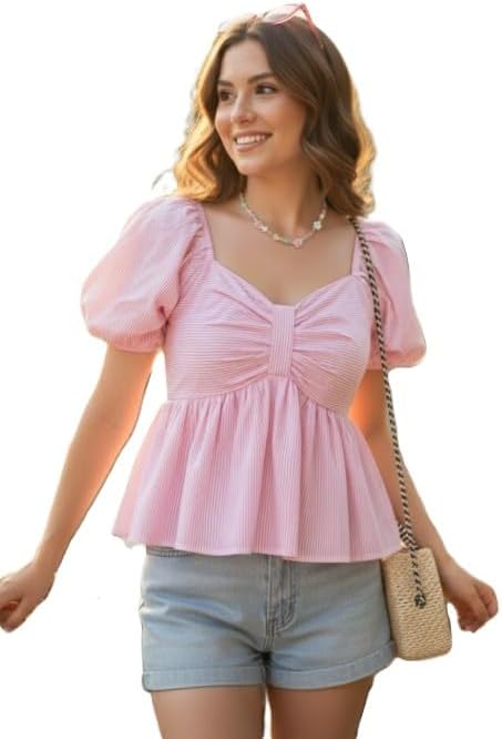 Women's Peplum Top, Blue and White Striped, Cotton Blend, Puff Sleeves with Ruched Sweetheart Neckline (in, Alpha, L, Regular, Pink)
