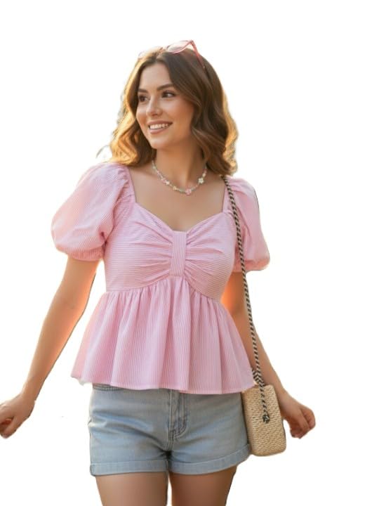 Women’s Peplum Top, Blue and White Striped, Cotton Blend, Puff Sleeves with Ruched Sweetheart Neckline Women’s Peplum Top, Blue and White Striped, Cotton Blend, Puff Sleeves with Ruched Sweetheart Neckline