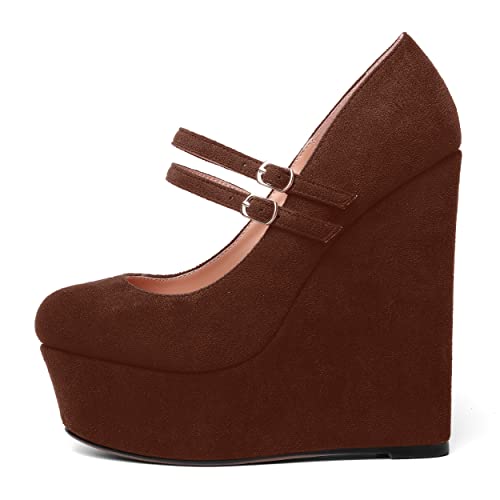 MOVINSTEPS Womens Suede Buckle Party Round Toe Adjustable Dual Straps Mary Jane Platform Dress Wedge High Heel Pumps Shoes 6 Inch2