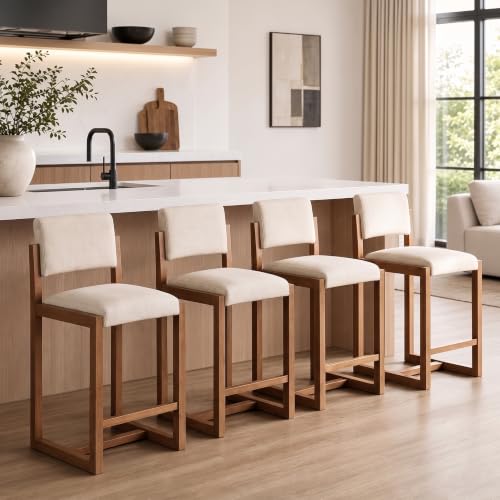 CIMOTA Morden Bar Stools Set of 4, 26" Counter Height Barstools, Fabric Linen Upholstered Kitchen Stools with Wood Leg & Square Back, Armless Bar Chairs for Kitchen/Dining Room/Bar/Island, B