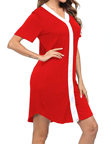 Lecgee Women's Nightshirt Short Sleeve Sleepwear Nursing Sleepshirt Button-Front Nightgown Maternity Dress Hospital Gown Red #TOP3
