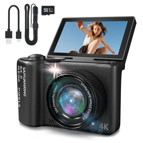 4K Digital Camera for Photography and Video, Point and Shoot Digital Cameras with Flip Screen, Small Digital Camera with WiFi and Bluetooth, Vlogging Camera for YouTube Video Recording (Black)
