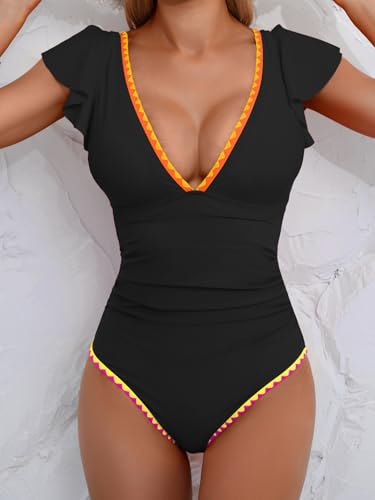 Image of Aidonger Women's One Piece Ruffle Swimsuit Tummy Control Bathing Suit V Neck Shell Stitched Swim Suit Slimming Swimwear