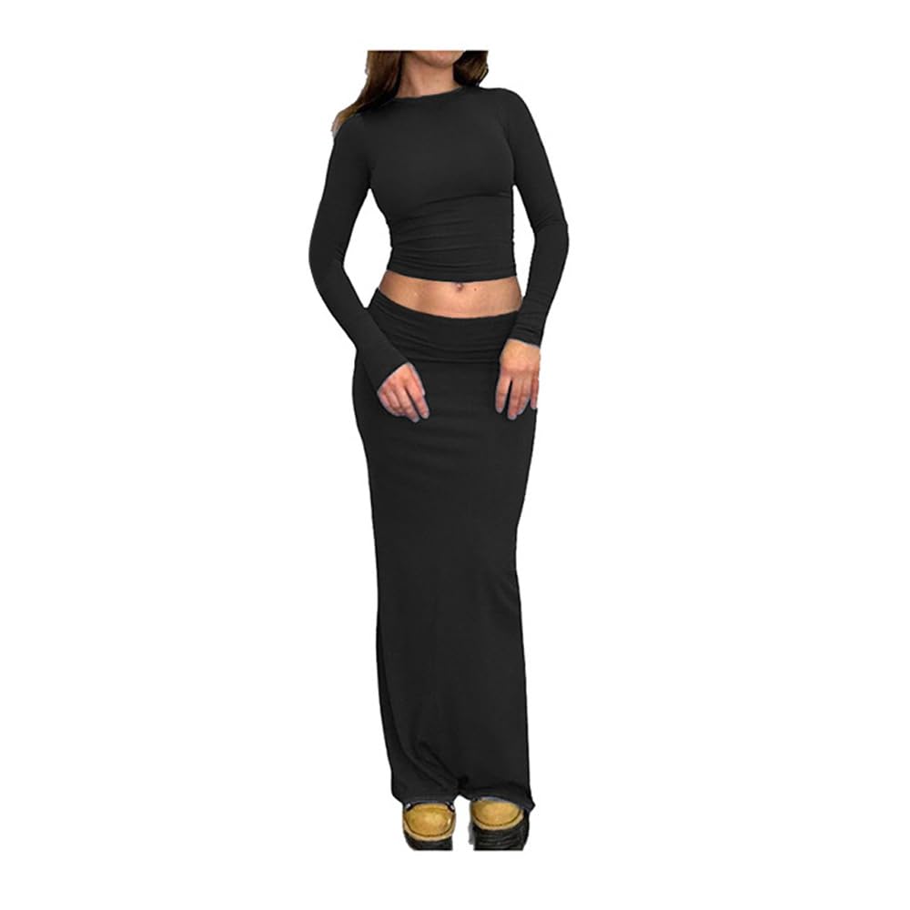 QKEPCY Conjunto Vestido 2 Piezas Otoño para Mujer Conjunto Casual Top Corto Manga Larga Ropa de Calle Y2k Falda Punto para Mujer Conjunto Vestido Elegante
