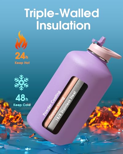 Image of Coolflask Gallon Water Bottle Insulated with PU Leather Sleeve & 3 Lids