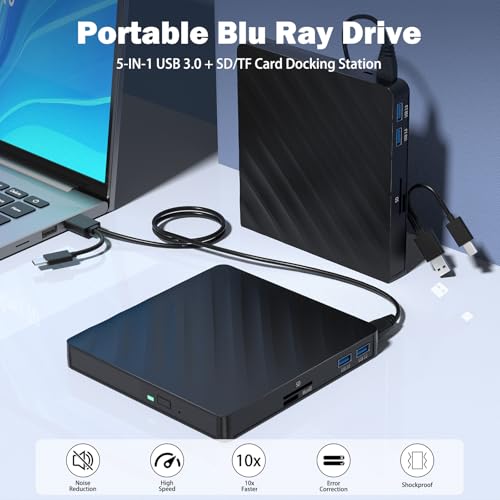 Unidad Blu Ray externa 5 en 1, reproductor Blu Ray portátil con USB 3.0 tipo C, grabadora de CD y DVD 3D Blu Ray con puerto SD/TF, unidad Blu Ray compatible con Windows Laptop Desktop, reproductor - imagen 5