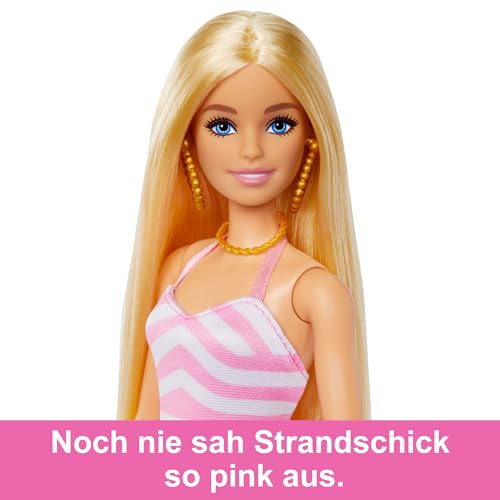 Barbie - Blonde Puppe mit pink-weißem Badeanzug, Sonnenhut, Tragetasche und Strand-Accessoires, für Kinder ab 3 Jahren, HPL73