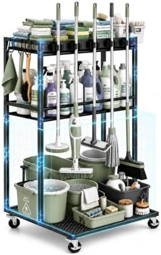 Cleaning Supplies Organizer Cart with Wheels, Broom and Mop Holde...