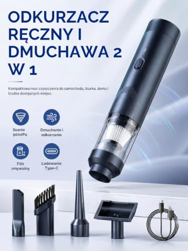 Wydajny bezprzewodowy mini odkurzacz ręczny 9000Pa 90 W, 1 prędkość, czarny