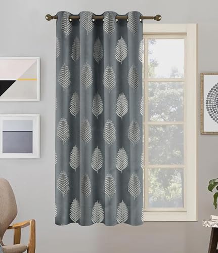 Image of FRESH FROM LOOM Premium Anti-Wrinkle Curtains | 5 Feet | 80% Sun Block | Elegant Jacquard Fabric for Doors & Windows, Luxury Curtain (5ft, Grey Leaf, 1pc)