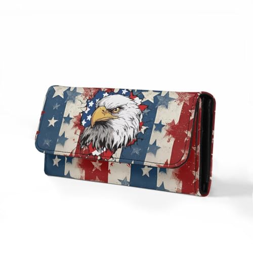 Image of AFPANQZ American Flag Eagle Print Womens Wallets Leather Trifold Multi Card Holder Slots Wallet, Elegant Clutch Phone Holder Trifold Purses Zip Coins Pocket, Buckle Closure Clutch