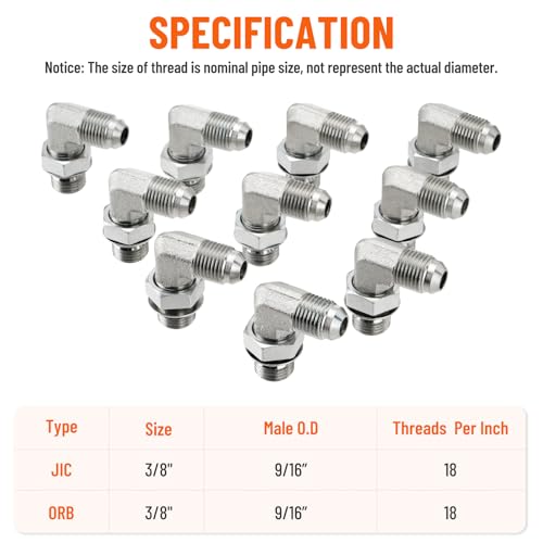 Image of 10 Pack 90 Degree Elbow Hydraulic Hose Fittings: 3 /8 inch JIC 37 Male x #6 SAE /ORB Male, Hydraulic End Connectors with Protection Cover - 6801-06-06