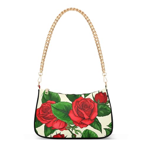 Vintage Red Roses Green Floral Beige Hobo Purse Bags Women Tote Handbag Printed Print Shoulder Purses Zipper Closure