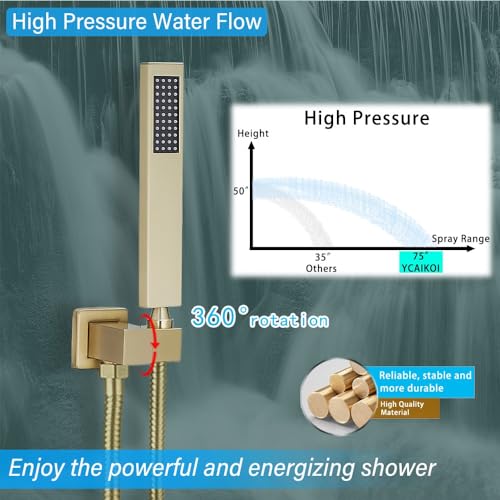 Image of Shower Faucet Set Complete, Wall Mount Shower System for Bathroom 12 Inch High-Pressure Rainfall Shower with Handheld, Rough-in Valve Body and Trim Kit, Brushed Gold